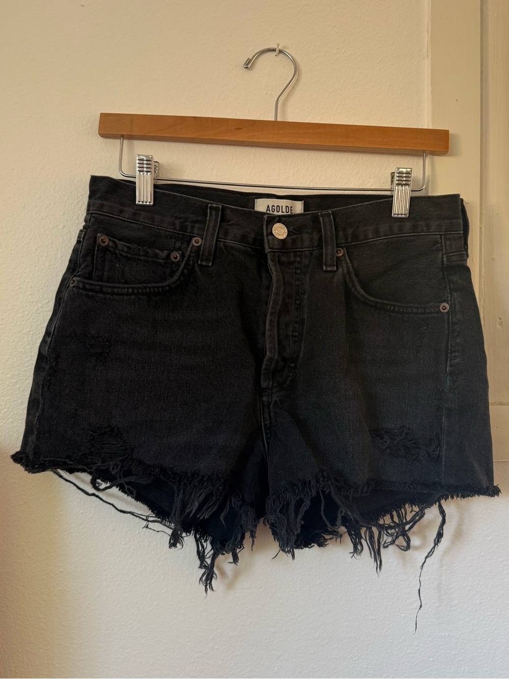 Agolde Black Distressed Frayed Hem Jean Shorts